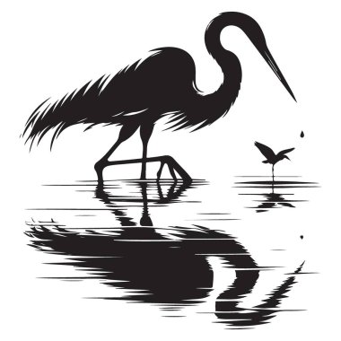 Gölet vahşi yaşam sahnesinde zarif balıkçıl silueti çizimi