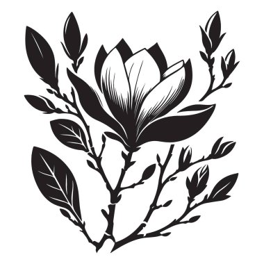 Silüet vektör sanat tasarımı yapraklı manolya çiçeği