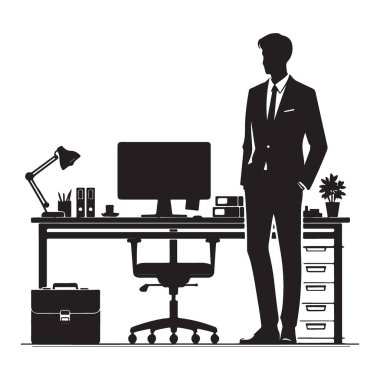 Siluet Profesyonel İşadamı Ofis Masası Vektör Tasarımı Çizimi