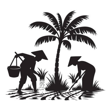 Bir çeltik tarlasına pirinç eken Asyalı çiftçilerin silueti.