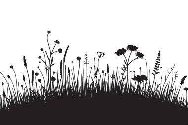 Bir Tarla Çiziminde Yaban Çiçekleri ve Çimenlerin Silueti