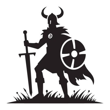 Siluet Viking Savaşçısı Kılıç ve Kalkanlarla Silahlı