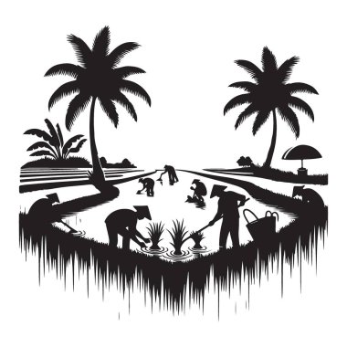 Rice Field Peyzaj Vektörü Tasarımı 'nda çalışan Siluet Çiftçileri