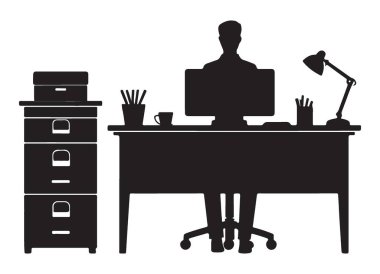 Ofis masası temsilciliğinde çalışan bir adamın silüeti.