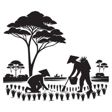 Pirinç Yetiştirme Sezonu Tarım için Siluet Vektör İllüstrasyonu