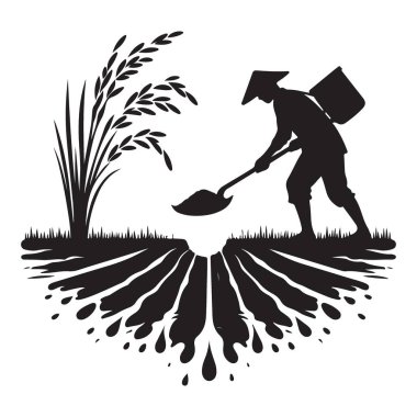 Tarım için pirinç tarlası siluet vektör tasarımında çalışan çiftçi