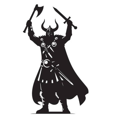 Vahşi Viking Savaşçısı Silueti Balta ve Kılıç İllüstrasyonuyla Tırman