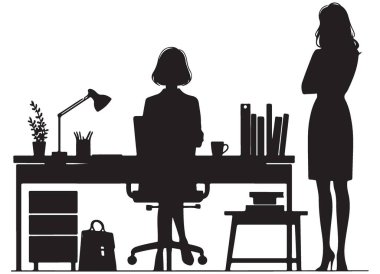 Ofis Sahnesi Siluet Vektörü Clipart Masa ve İki Rakam