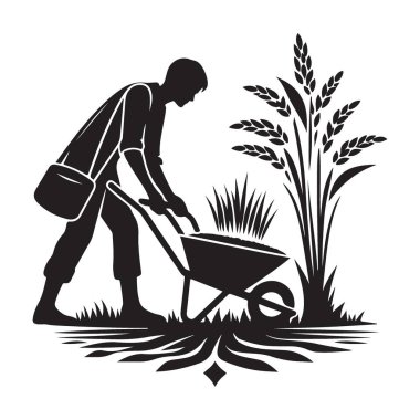 Çiftçilik Silueti Bir Bahçıvan Çalışmasının Siyah-Beyaz İllüstrasyonu