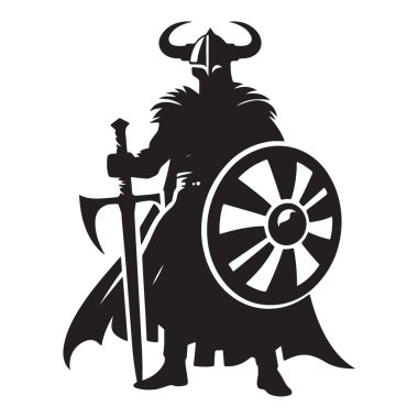 Güçlü Siluet Viking Savaşçısı Çizimi Siyah ve Beyaz Tasarım
