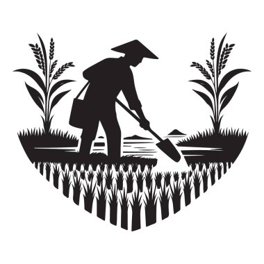 Pirinç tarlası illüstrasyon vektör stili yetiştiren çiftçinin silueti