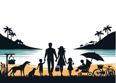 Aile Plajı Günü Tatil Temaları için Siluet Vektör Sanatı