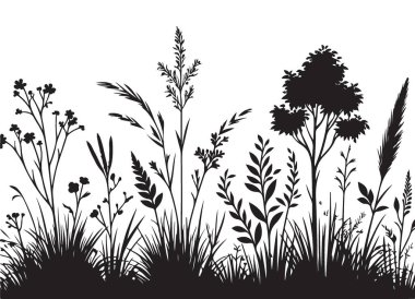 Siluet Çayırı Vahşi Çimen ve Çiçek Vektörü Çizim Tasarımı