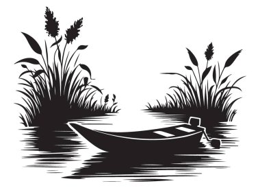 Su Silueti Vektör Resmetme Teknesi Cattails Grafikleriyle çevrili