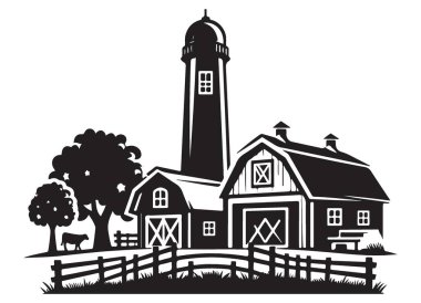 Çiftlik Evi Silueti Vektör İllüstrasyon Ahırı ve Deniz Feneri Peyzajı