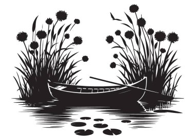 Siluet Tekne Sazlıkta Vektör Sanat Siyah ve Beyaz Görüntü