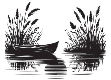 Serene Boat on Water with Reeds Siluet Vector Illustration