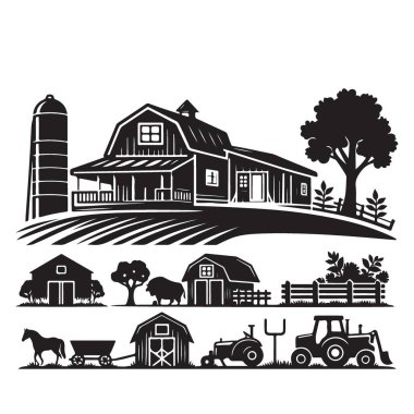 Büyüleyici Çiftlik Hayatı Siyah ve Beyaz Siluet Vektör İllüstrasyonu