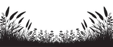 Siyah Siluet Çimen Alan Vektörü İllüstrasyon Doğa ve Bitkiler Tasarımı