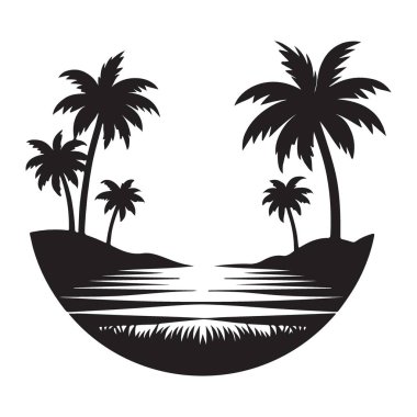 Siluet Tropikal Ada Vektör Resimleri Palmiye Ağaçları ve Deniz