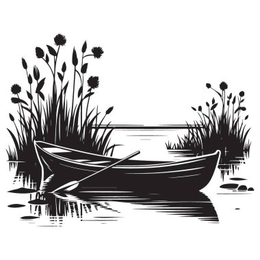 Suyun Üzerinde Sazlık Vektör Resimli Bir Teknenin Silueti