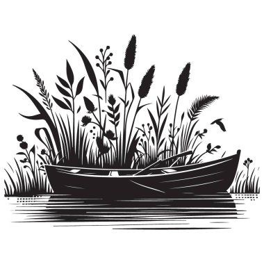 Bitkiler ve Sazlıklarla Sudaki Tekne Silueti