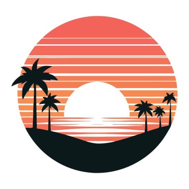 Retro Sunset Beach Sahne Vektörü Palmiye Ağaçları Çizimi