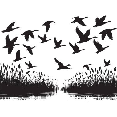 Bataklık Vektör İllüstrasyonu Üzerinde Uçan Siluette Kazlar
