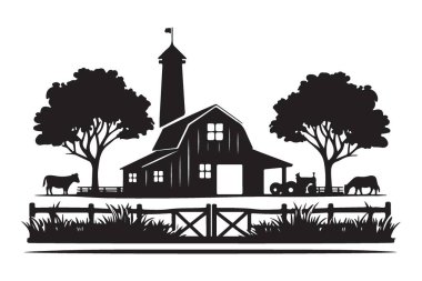 Siluet Ahırı ve Çiftlik Sahnesi Vektör İllüstrasyon Grafik Tasarımı
