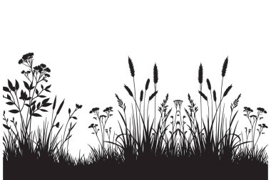 Vahşi Çimen ve Çiçekler Vektör Siluet Manzarası Çizimi