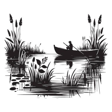 Silhouette Man Rowing Boat Tranquil Lake Scene Vector Illustration