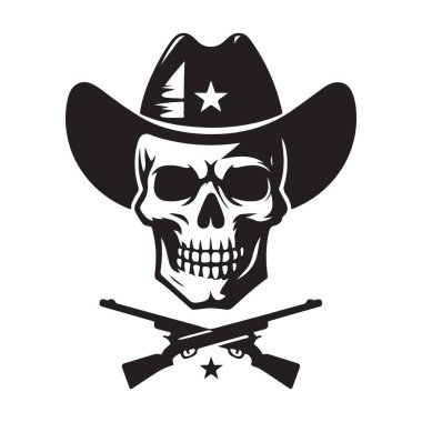 Kovboy Şapkası Giyen Kafatası Siluet Vektör İllüzyonu
