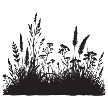 Vahşi Çimenler ve Bitkiler Doğa Aşıkları için Siluet Vektör İllüstrasyonu