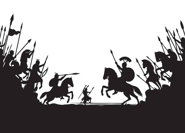 Эпический силуэт сцены конной битвы для истории