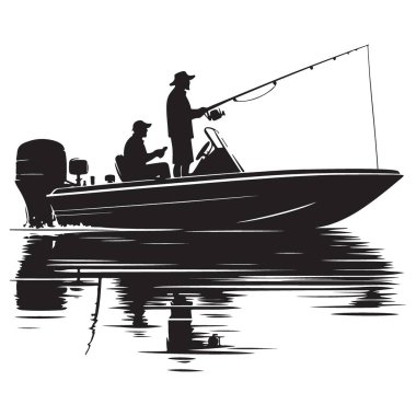 Balıkçı Vektör Tasarımı ile Gölde Siluet Balıkçı Teknesi