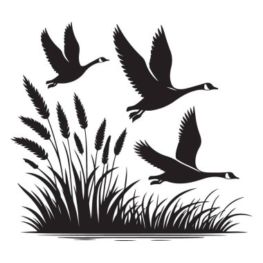 Bataklık vektör grafik tasarımı üzerinde uçan kazların silueti