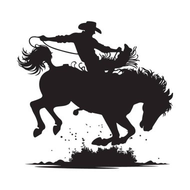 Vahşi Batı Kovboyu Bronc 'a Binen Siluet Rodeo Heyecan Çizimi