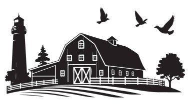 Ahır ve Deniz Feneri Silueti Grafikli Manzara Çiftliği Manzarası
