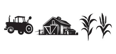 Çiftlik Tarım Traktör Ahırı ve Mısır Silueti Çizim Tasarımı