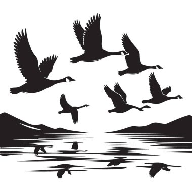 Göl Manzarası Tasarımı Üzerinde Uçan Kazlar Sürüsü