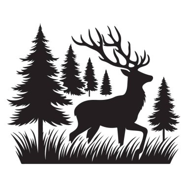 Görkemli Geyik Silueti Çam Ağaçlarının Ortasında Vahşi Yaşam Çizim Sanatı