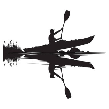 Gölde Yansıma Vektörü Grafiğiyle Kano Silueti Kürek Çekiyor