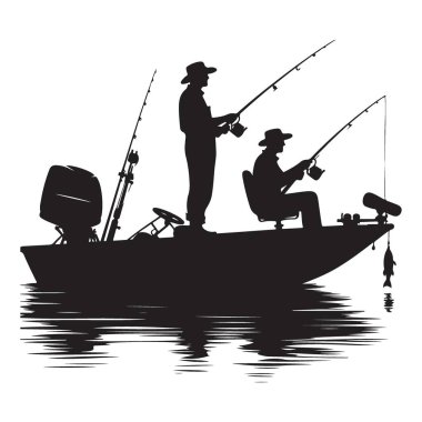 Su Vektöründe İki Balıkçı Oltası Olan Huzurlu Balıkçı Teknesi Silueti