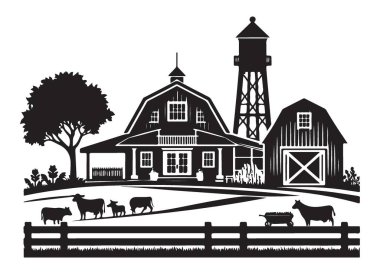 Çiftlik Evi Silueti İnek ve Ahır Vektör İllüstrasyonu