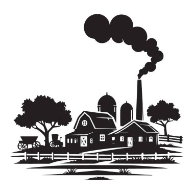 Vintage kırsal çiftlik silueti vektör illüstrasyonu manzaralı tarım tasarımı