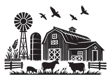 Ahır yel değirmeni hayvanları siluet vektör tarım konsepti ile sahne çiftliği