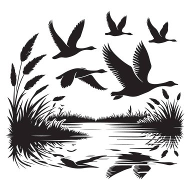 Bataklıkta Uçan Kazlar Manzarası Silüet Tasarımı İlham Verici