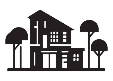 Modern House Vector Illustration with Trees Silhouette Mimari Tasarımı
