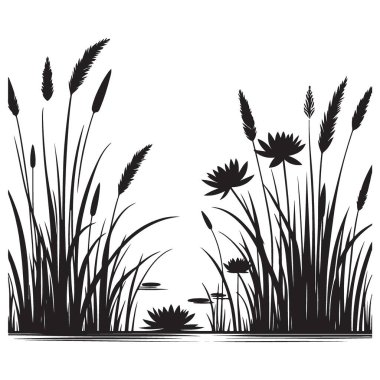 Su bitkilerinin silueti Cattails ve Lily Pads in a Pond