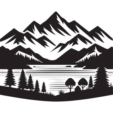 Göl ve Evergreen Ağaç Vektörlü Dağ Manzarası Silueti